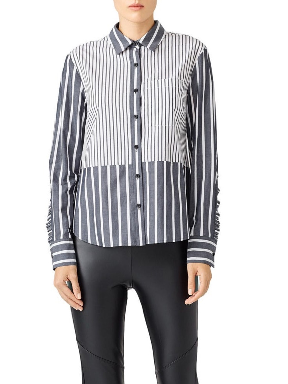 Derek Lam 100% Cotton Gray & White Ruffled Stripe Button Down XS